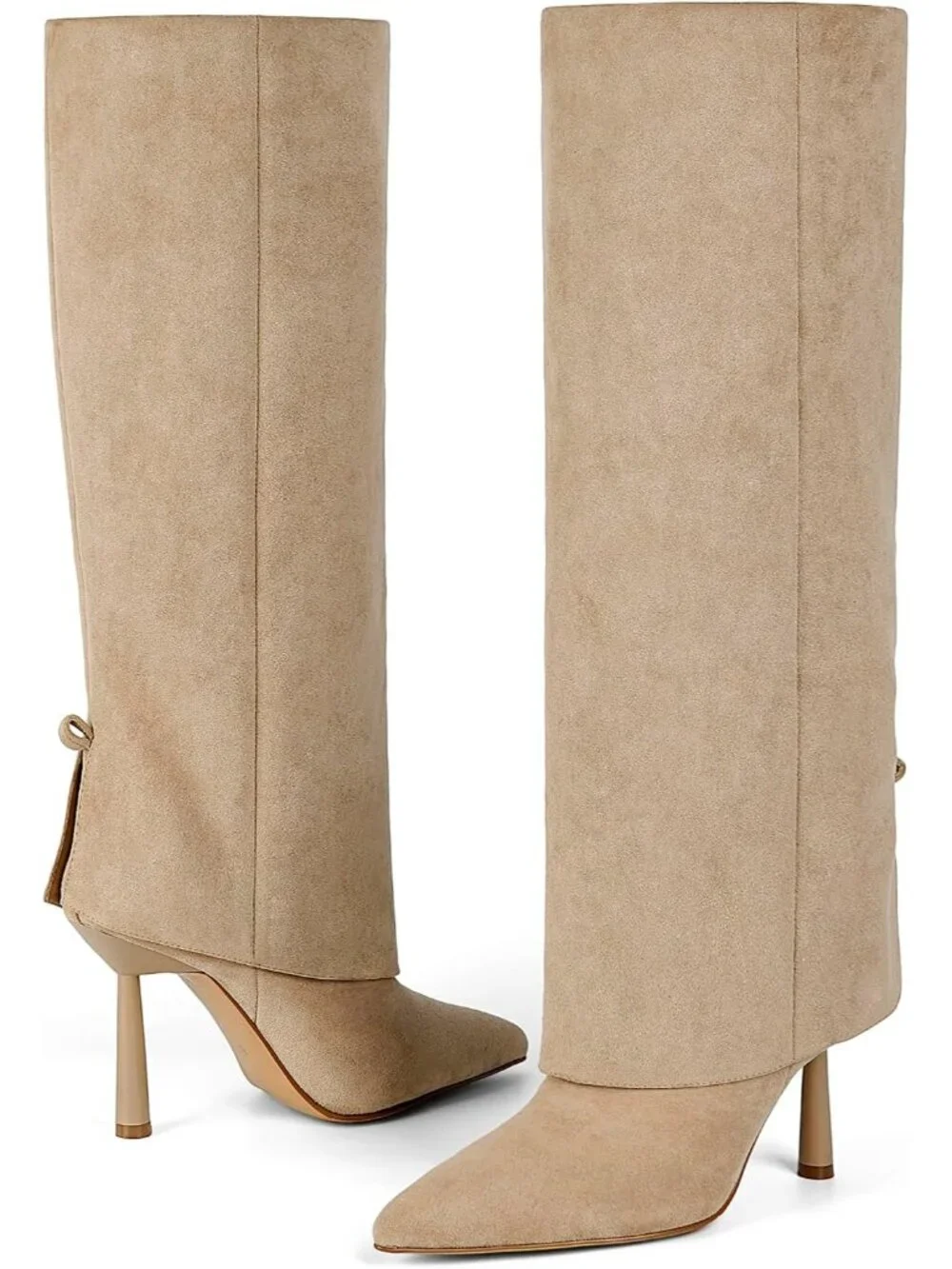 Women's Suede Khaki Stiletto Heel Pointed Toe Side Zipper Knee High Shark Boots